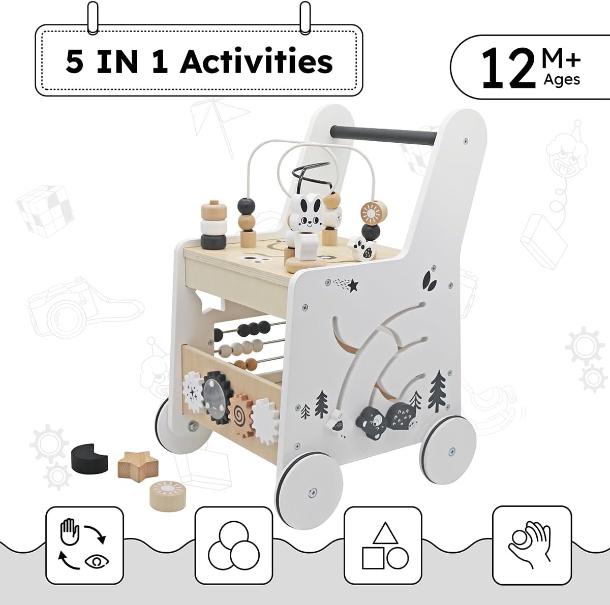 Andador de madera para bebés cubos de actividad Montessori