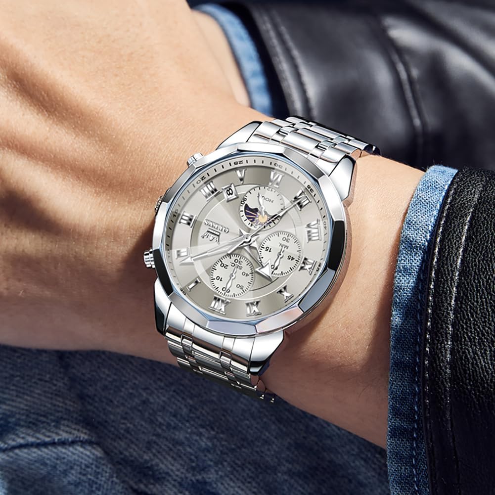 OLEVS Reloj para hombres, cuarzo, acero inoxidable, vestir, impermeable, luminoso