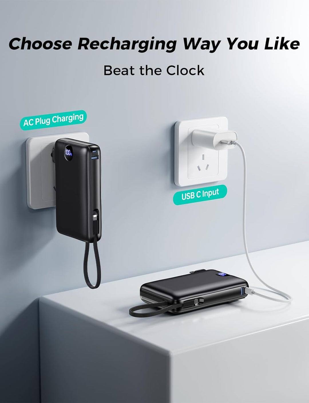 Sucrosey Cargador portátil de 50000 mAh con cable integrado y enchu...