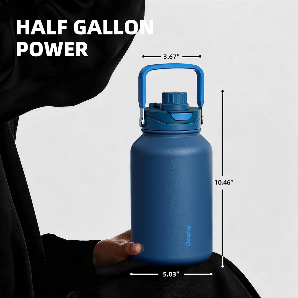 Botella de agua aislada de medio galón de 64 onzas con popote desplegable 2