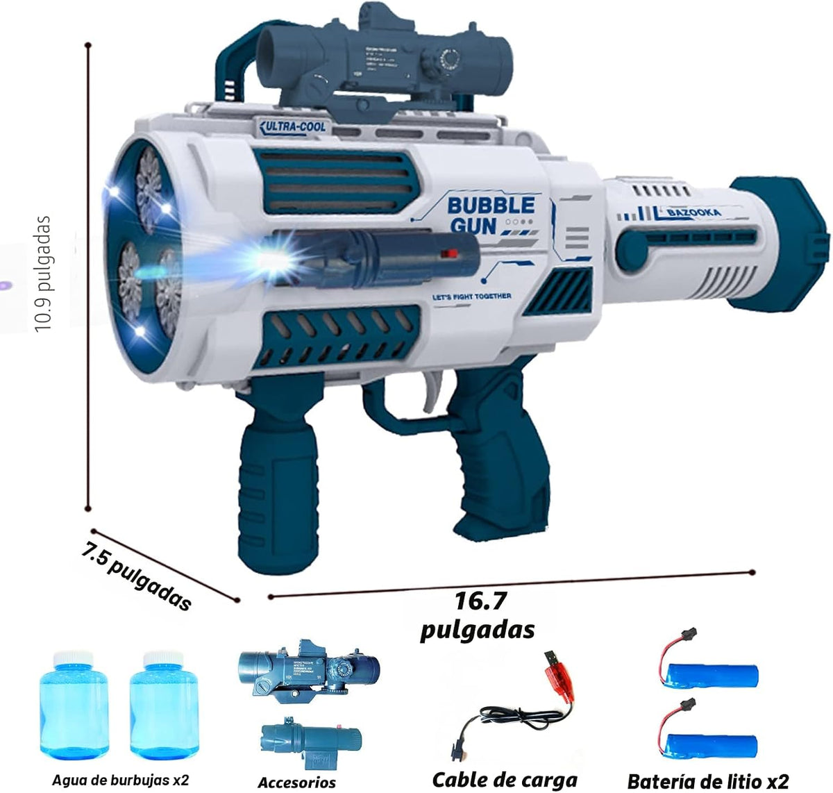 Pistola automática de burbujas Gatling con 2 baterías recargables, produce decenas de miles de burbujas/minuto, incluye vista y linterna, ABS probado en caídas, juguete de máquina de burbujas para niños y adultos, fiesta, boda