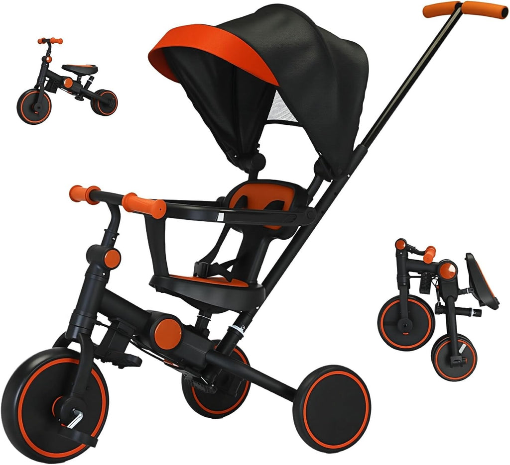 Triciclo plegable de empuje para niños pequeños con toldo, triciclo de equilibrio 8 en 1 con asa, triciclo para niños de 1 a 3 años, triciclos plegables para niños (negro)