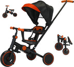 Triciclo plegable de empuje para niños pequeños con toldo, triciclo de equilibrio 8 en 1 con asa, triciclo para niños de 1 a 3 años, triciclos plegables para niños (negro)