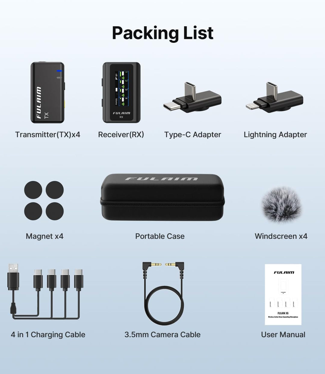 FULAIM Micrófonos Lavalier inalámbricos X6 con 4 transmisores para...