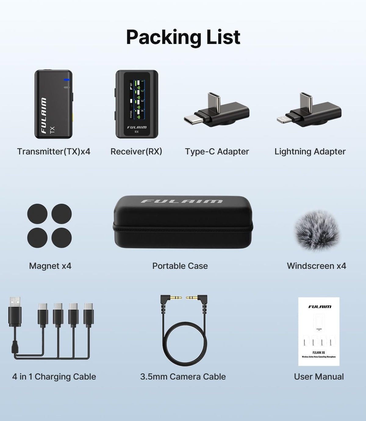 FULAIM Micrófonos Lavalier inalámbricos X6 con 4 transmisores para iPhone, iPad, Android