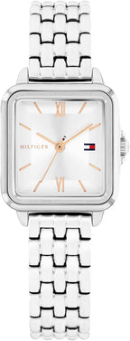 Tommy Hilfiger - Reloj de cuarzo para mujer, mini 24mm, caja de acero inoxidable en forma de tanque, números romanos, brazalete de eslabones, estilo casual de vestir - Regalo para ella