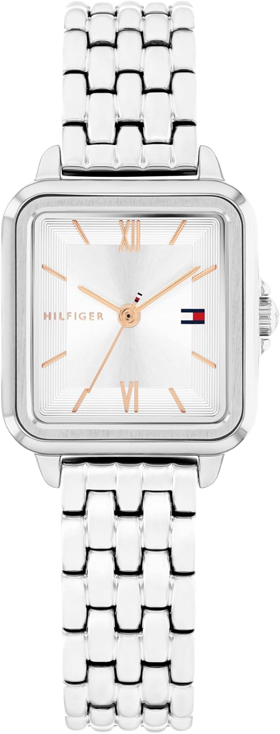 Tommy Hilfiger - Reloj de cuarzo para mujer, mini 24mm, caja de acero inoxidable en forma de tanque, números romanos, brazalete de eslabones, estilo casual de vestir - Regalo para ella