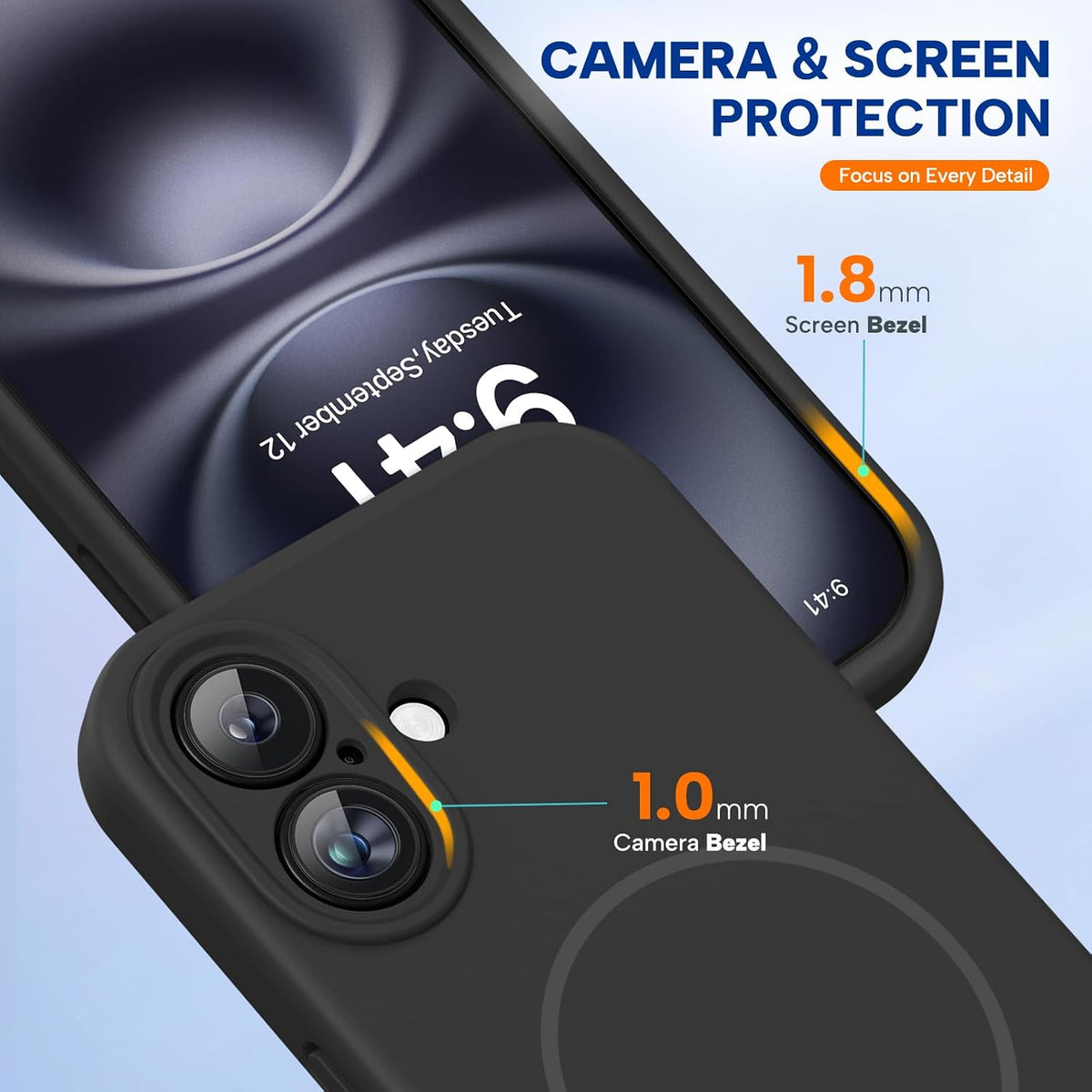 Miracase Funda de silicona y magnética para iPhone 16, color negro