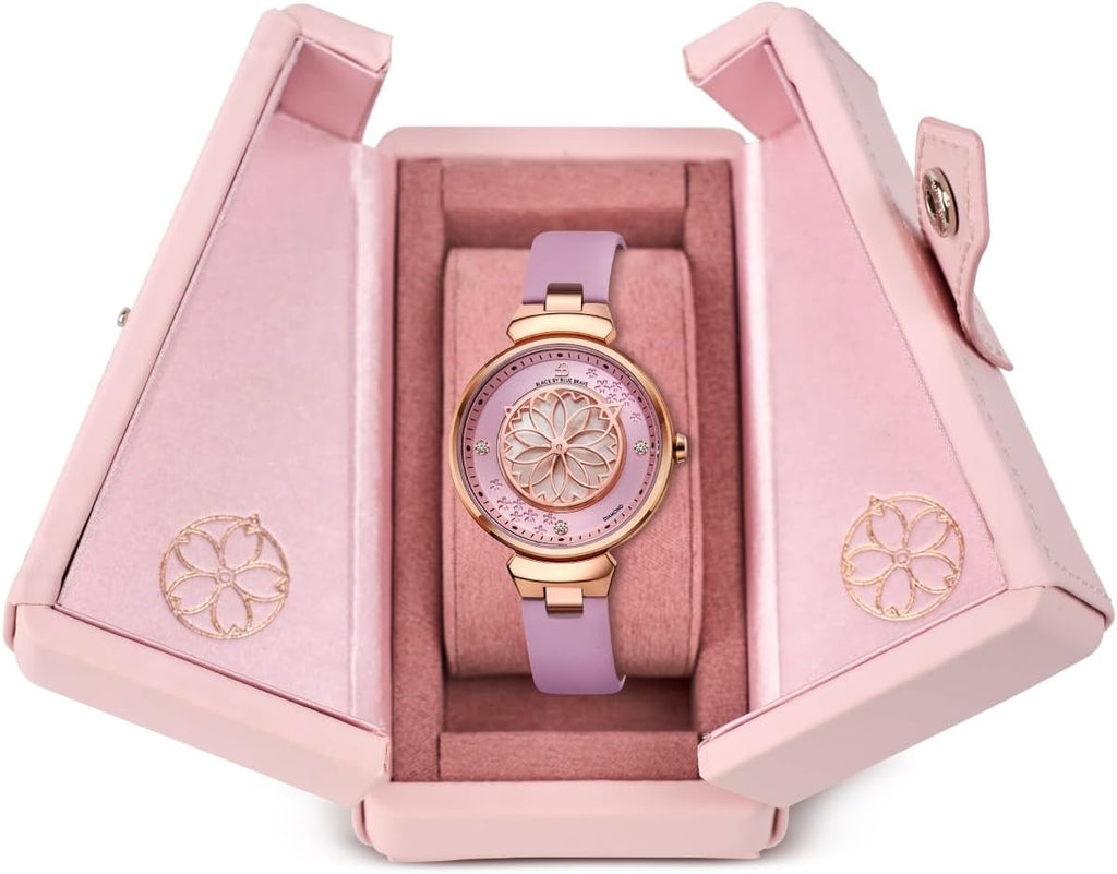 Relojes de Mujer Flor de Cerezo Reloj de Mujer Esfera de Madreperla Reloj de Dama con Correa de Cuero Forma de Pétalo Sakura Relojes de Flor de Cerezo para Mujeres Cristal de Zafiro para Durabilidad y