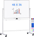 maxtek Pizarra blanca con ruedas, pizarra blanca magnética grande de 48 x 36 pulgadas con soportes, pizarra blanca grande de doble cara de borrado en seco sobre ruedas para escuela en casa, oficina en