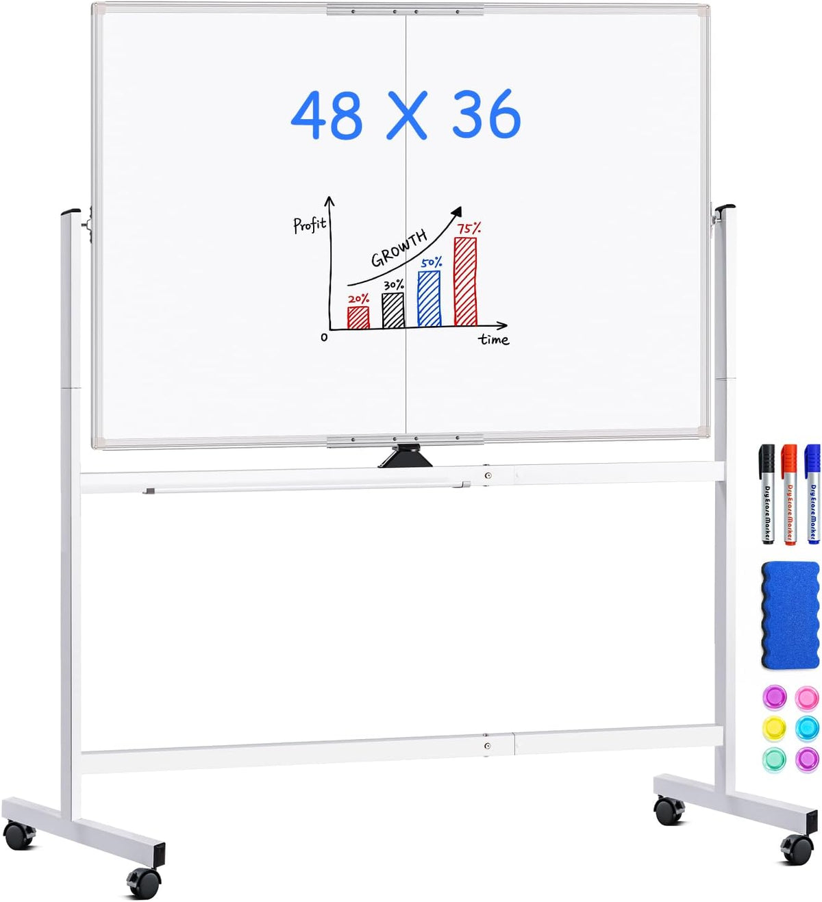 maxtek Pizarra blanca con ruedas, pizarra blanca magnética grande de 48 x 36 pulgadas con soportes, pizarra blanca grande de doble cara de borrado en seco sobre ruedas para escuela en casa, oficina en