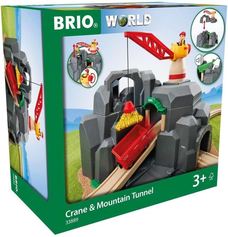 BRIO World - 33889 Crane & Mountain Tunnel | Accesorio de tren de juguete de 7 piezas para niños | Juego interactivo | Madera certificada FSC | Perfecto para edades de 3 años en adelante