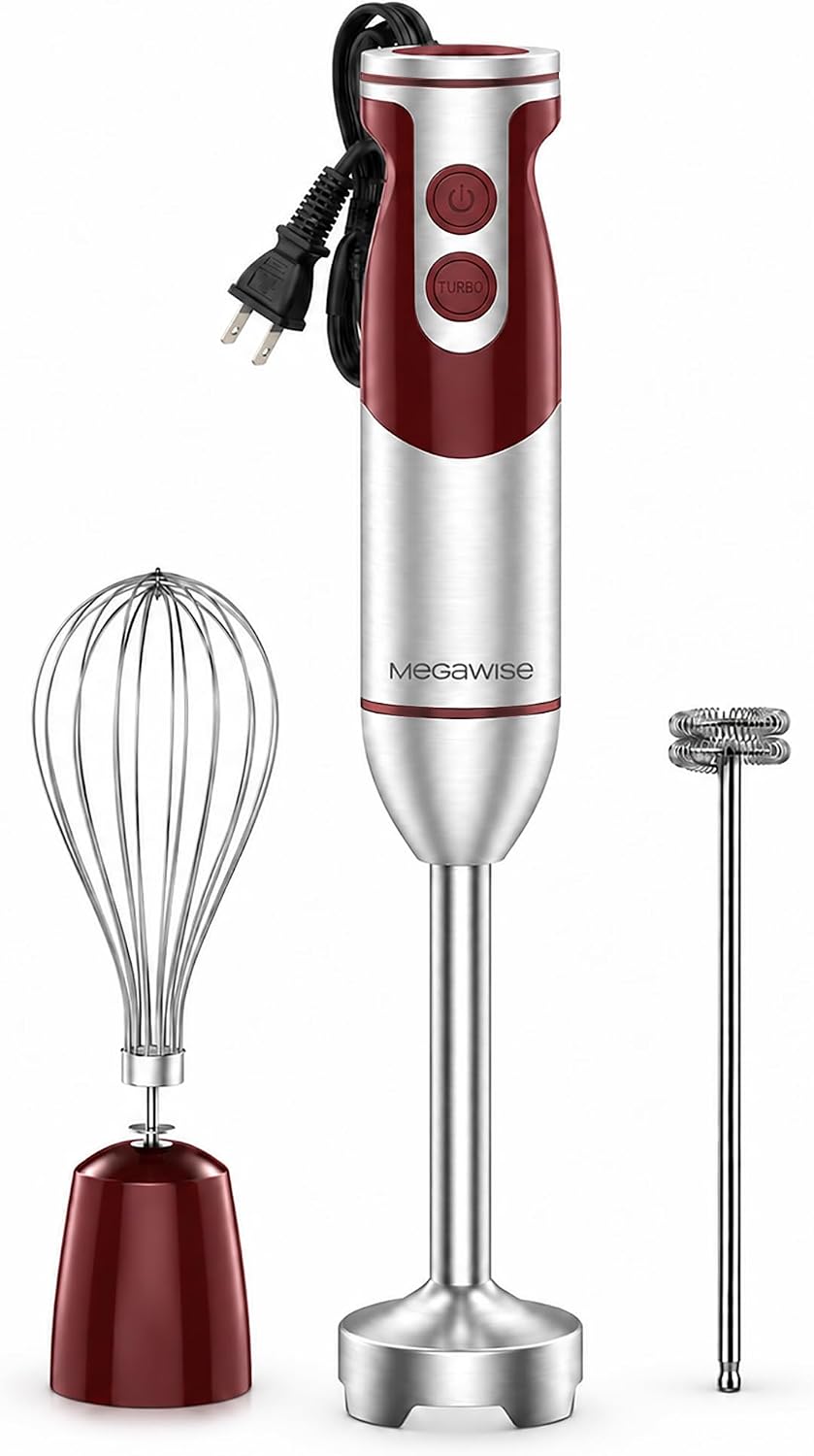 MegaWise Juego de batidora de mano 3 en 1 con control de velocidad variable, licuadora de inmersión de 400W - Incluye batidor, espumador de leche, picador y vaso medidor para batidos, sopas y