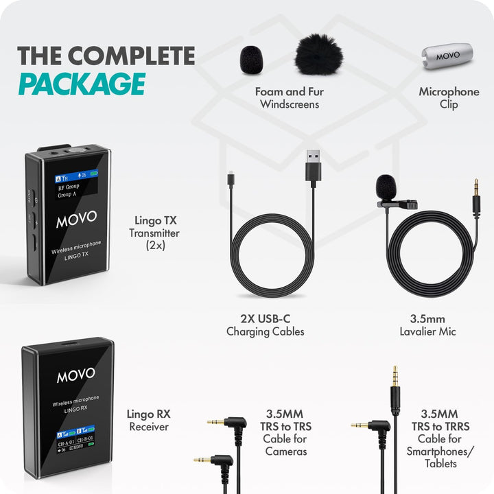 Movo Lingo-Duo - Sistema de micrófono inalámbrico UHF de 48 canales...