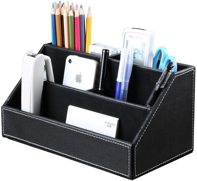 Juego de 5 organizadores de escritorio y accesorios, suministros de oficina de piel sintética con organizador de escritorio multifunción, caja de almacenamiento, soporte para pañuelos,