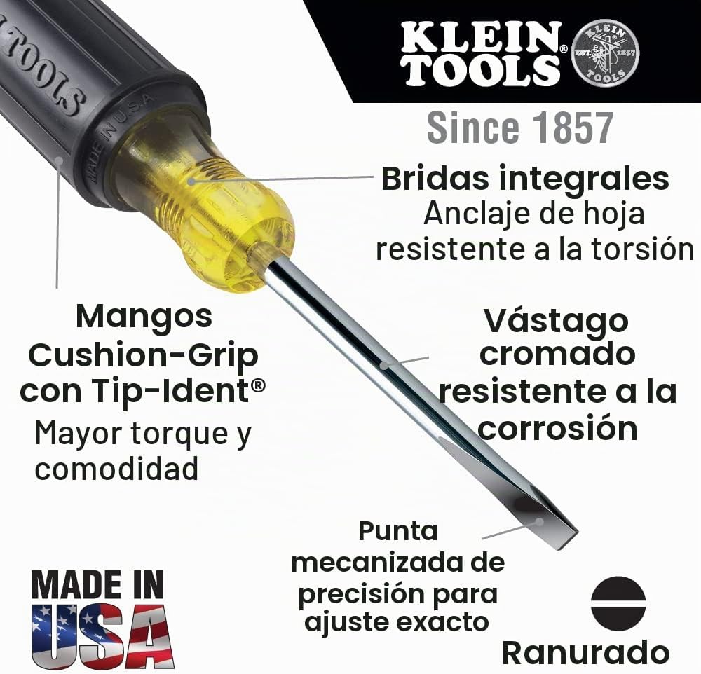 Klein Tools 85074 Juego de destornilladores de 6 piezas, fabricado en Estados Unidos, incluye 3 cabezales planos multiusos, 3 Phillips, comodidad de agarre acolchado