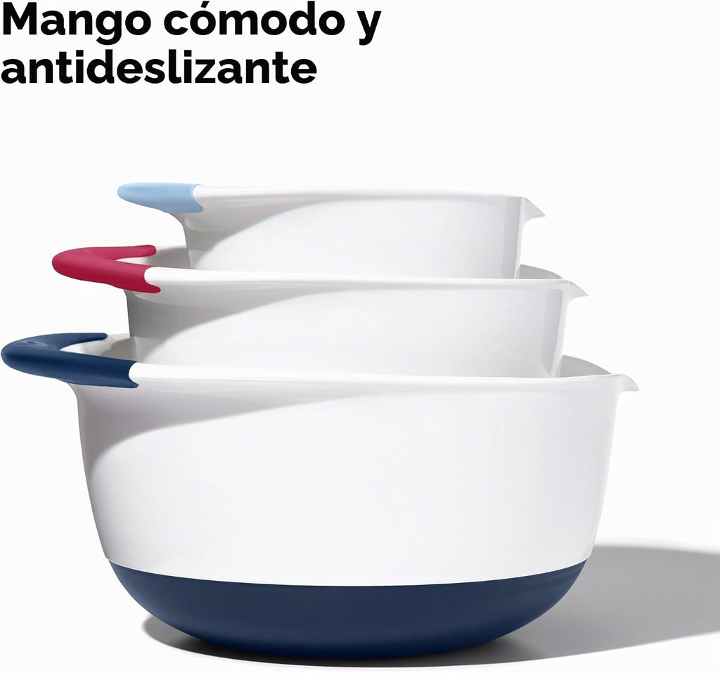 OXO, juego de 3 cuencos para mezclar de plástico Good Grips – Asas de Blueberry, Jam & Seltzer, 4.7 LITROS, Grande