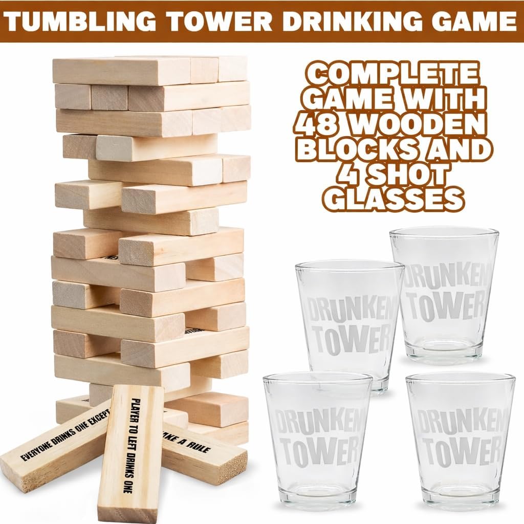 ArtCreativity Juegos de beber en torre para adultos, con 4 vasos y 60 bloques de madera con desafíos, divertidos juegos de fiesta para adultos para la noche de juegos, gran idea de regalo para todos