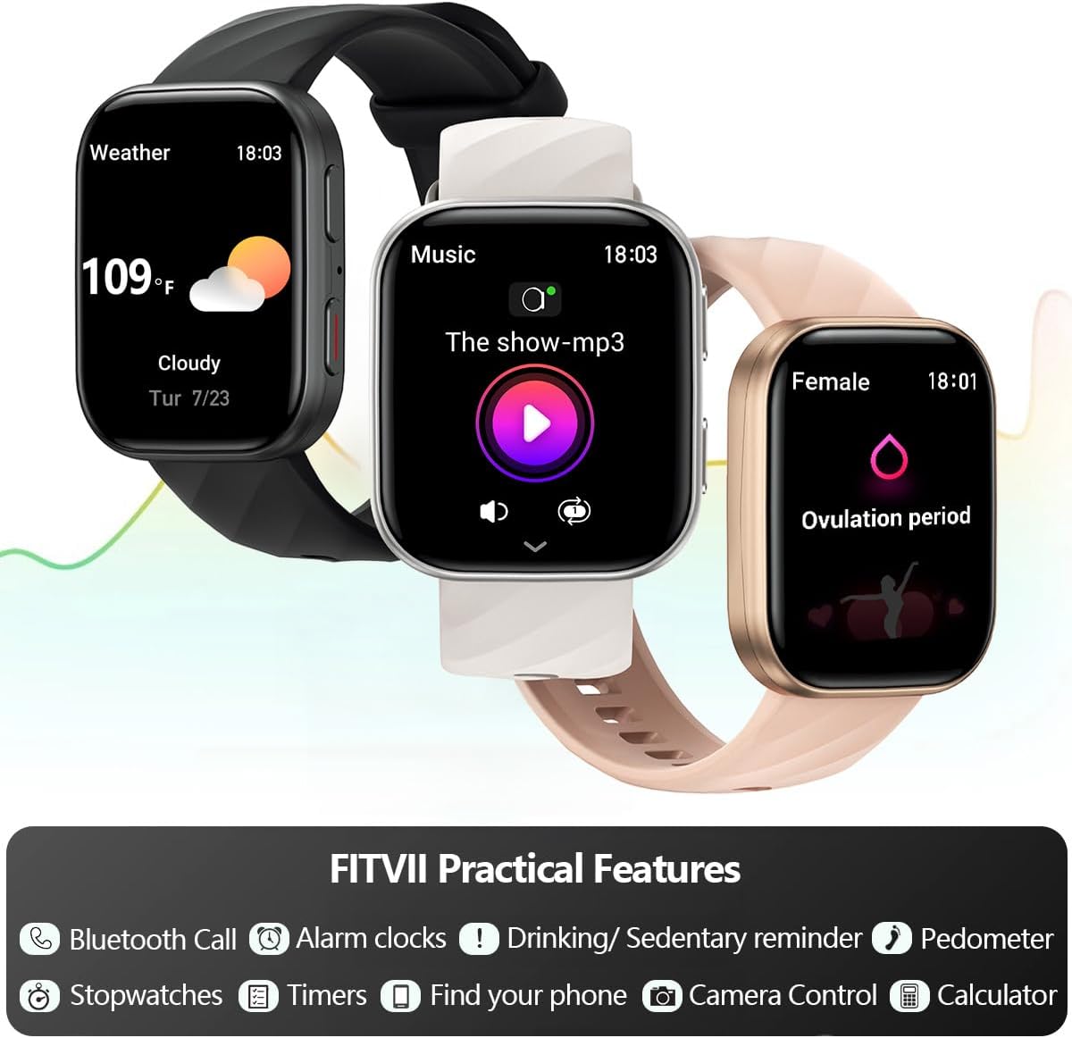 FITVII Rastreador de salud y fitness (respuesta/hacer llamadas), reloj inteligente con frecuencia cardíaca y presión arterial 24/7, seguimiento del sueño, monitor de oxígeno en sangre, más de 120 modos deportivos para mujeres y hombres