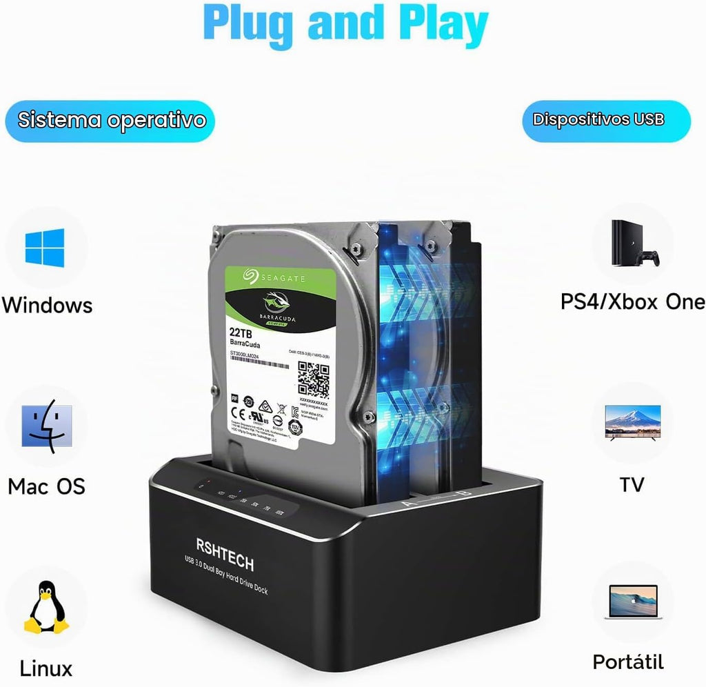RSHTECH Estación de acoplamiento de disco duro de doble bahía USB-C/USB 3.0