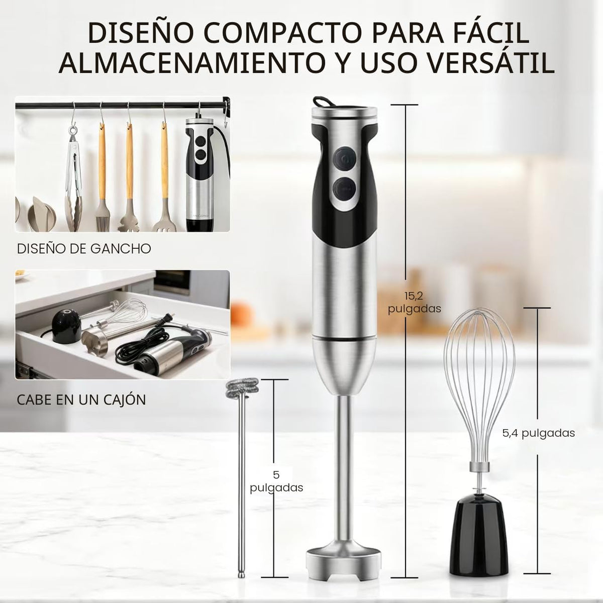 Batidora de mano de inmersión 3 en 1, MOTOR potente de 12 velocidades batidora de varilla con cuchillas de acero inoxidable resistentes chapadas en titanio