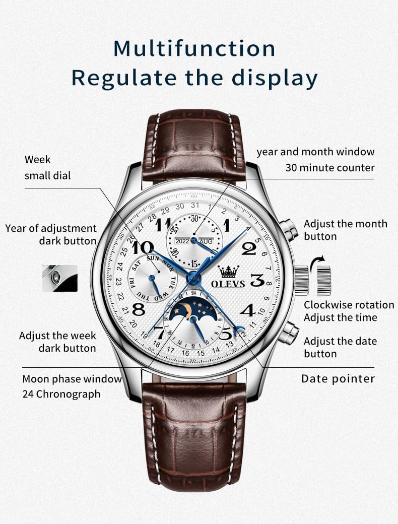 OLEVS - Relojes automáticos para hombre, multicalendario, con fase lunar, 3ATM impermeable, reloj de lujo clásico para negocios, de pulsera