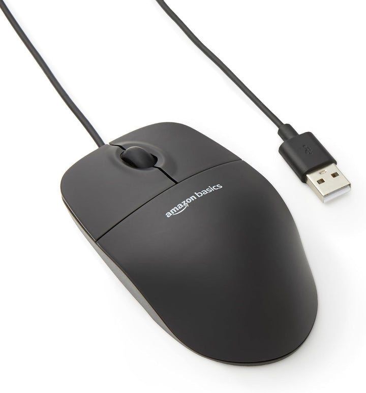 AmazonBasics Ratón de computadora con cable USB de 3 botones (negro...
