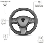 Funda para volante cosida a mano, apta para Tesla Model 3 2017-2023/Modelo Y 2020-2023, funda antideslizante de cuero de microfibra transpirable para volante de automóvil, accesorios para el interior del automóvil