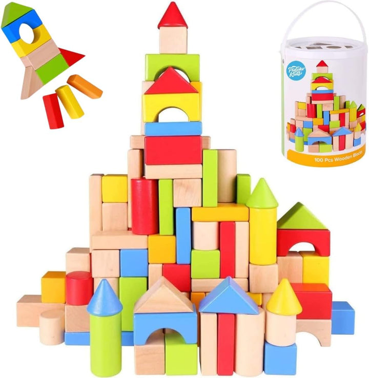 Pidoko Kids Bloques de madera, 100 piezas, bloques de construcción...