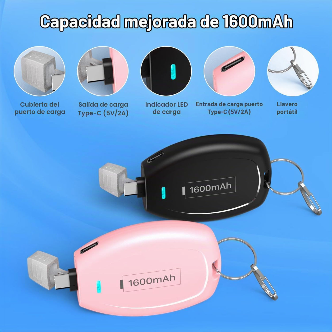HUAENG Paquete de 2 llaveros USB C, cargador portátil, mini banco d...