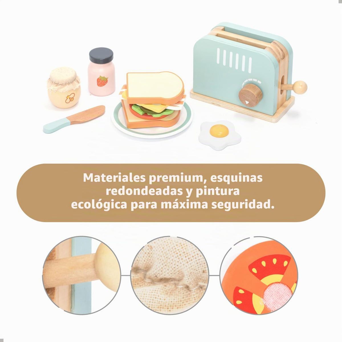 UMU® Tostadora de madera y juego de sándwiches – Incluye tostadora emergente, mantequilla rebanable, accesorios de cocina y más – Juguete de simulación para niños de 3 4 5 6 años