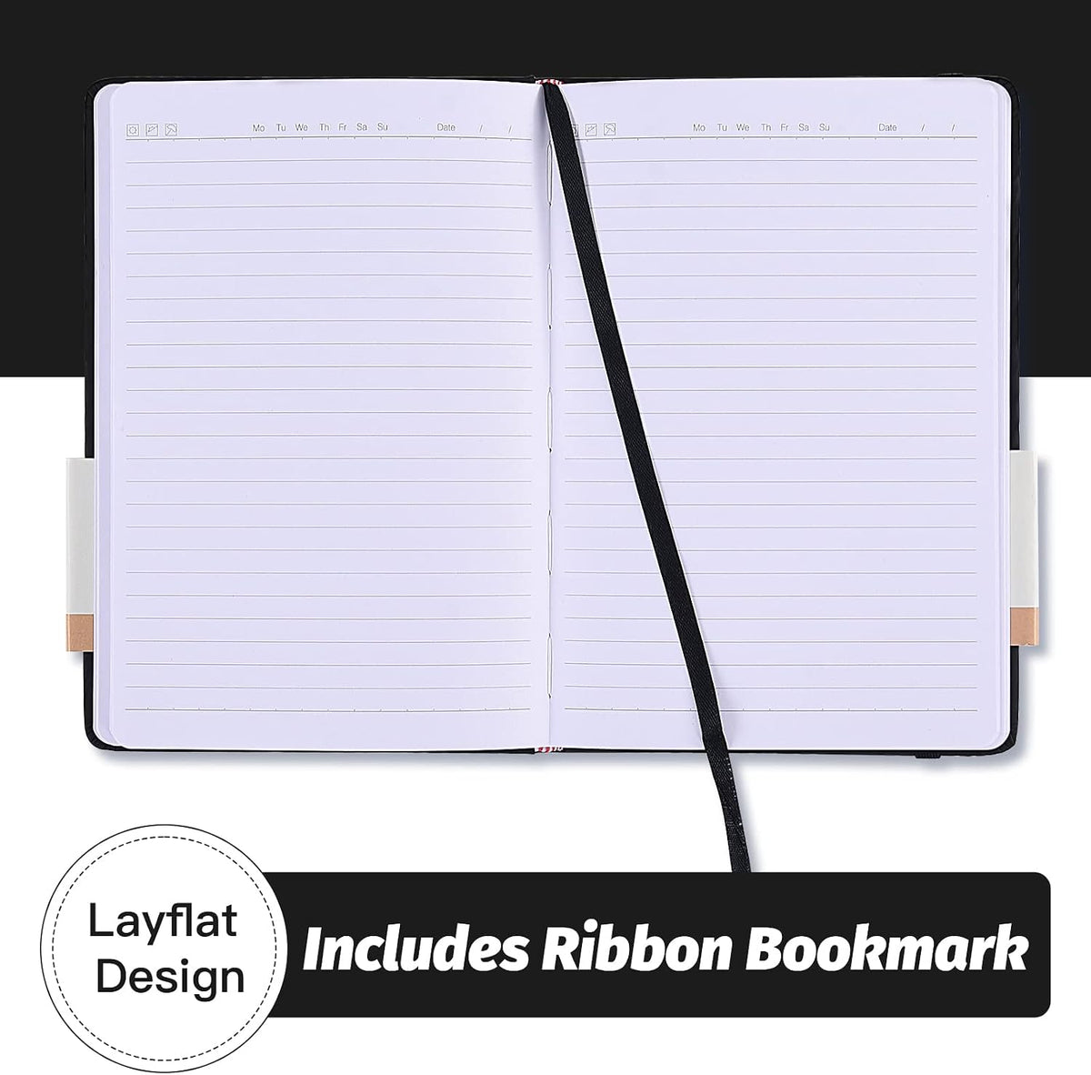 Cuadernos de diario de tapa dura, cuadernos de diario rayados A5 para escribir de 200 páginas, 8.2 x 5.5 pulgadas, cuadernos clásicos rayados para trabajo/viajes/universidad (Negro - Paquete de 6