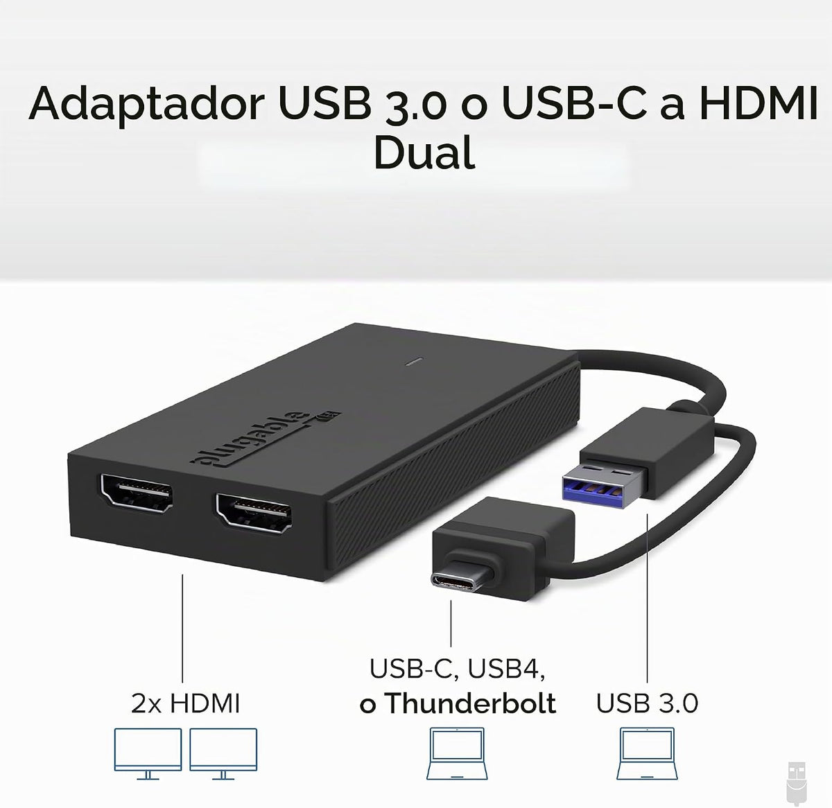 Adaptador USB C, USB 3.0 a HDMI dual para monitores duales