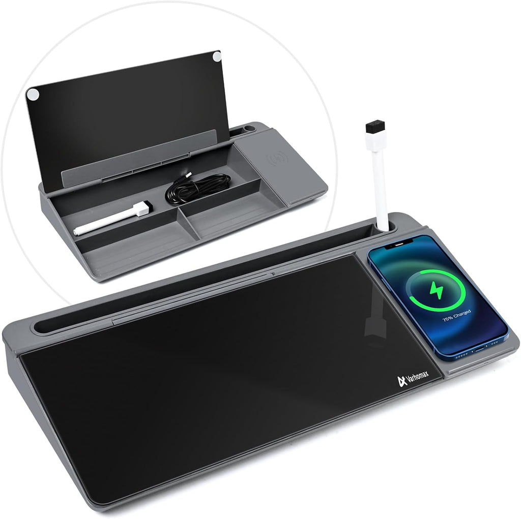 Varhomax Glass Desk Whiteboard con Wireless Charger, Desktop Organizer