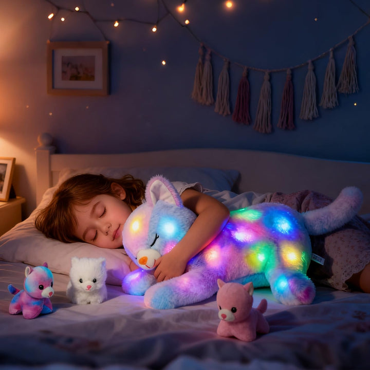 Hopearl Gatito de peluche con luces LED, mamá gato iluminada con 3...