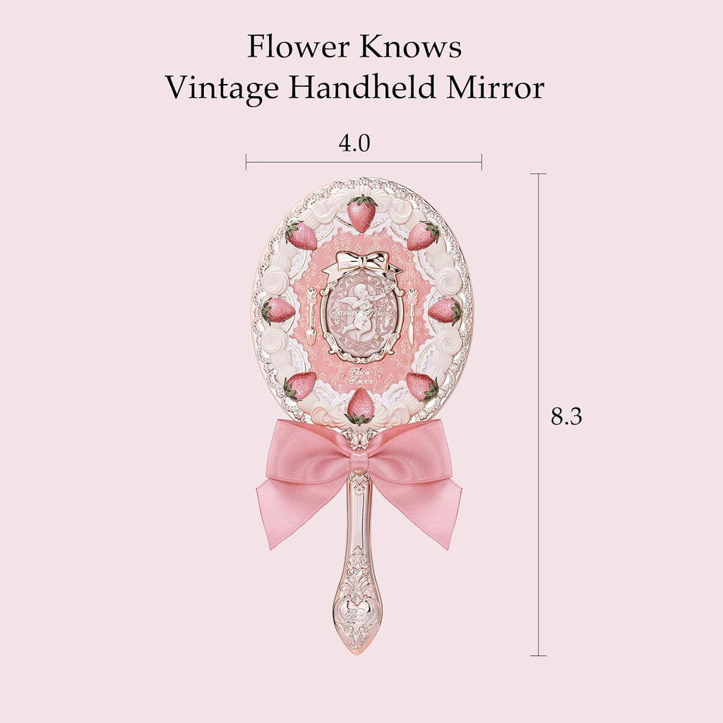 Flower Knows Bunny Garden - Bálsamo labial y colgante para bolsa, llavero rosa y espejo de mano de cupido de fresa, espejo de maquillaje decorativo rosa