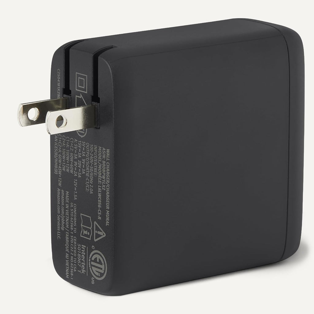 Amazon Basics Cargador de pared USB-C Nano GaN de carga rápida de 120 W, 3 puertos para portátiles, tabletas, teléfonos, tamaño compacto para viajes, negro