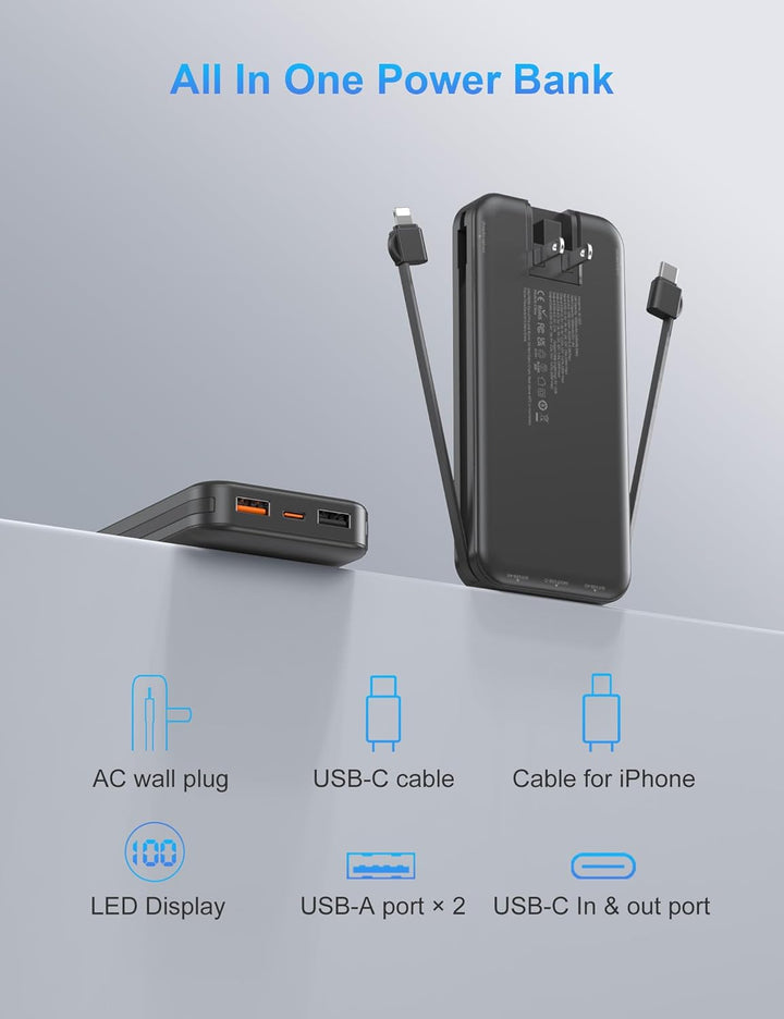 Ffnpua - Cargador portátil con enchufe de pared, banco de energía U...
