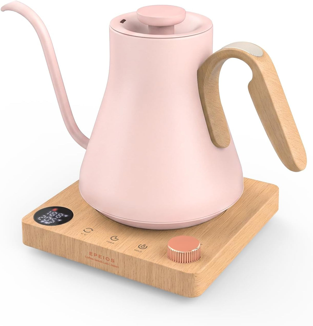 Epeios Hervidor de gooseneck eléctrico con control de temperatura, 1200W, 0.9L, Rosa Nogal