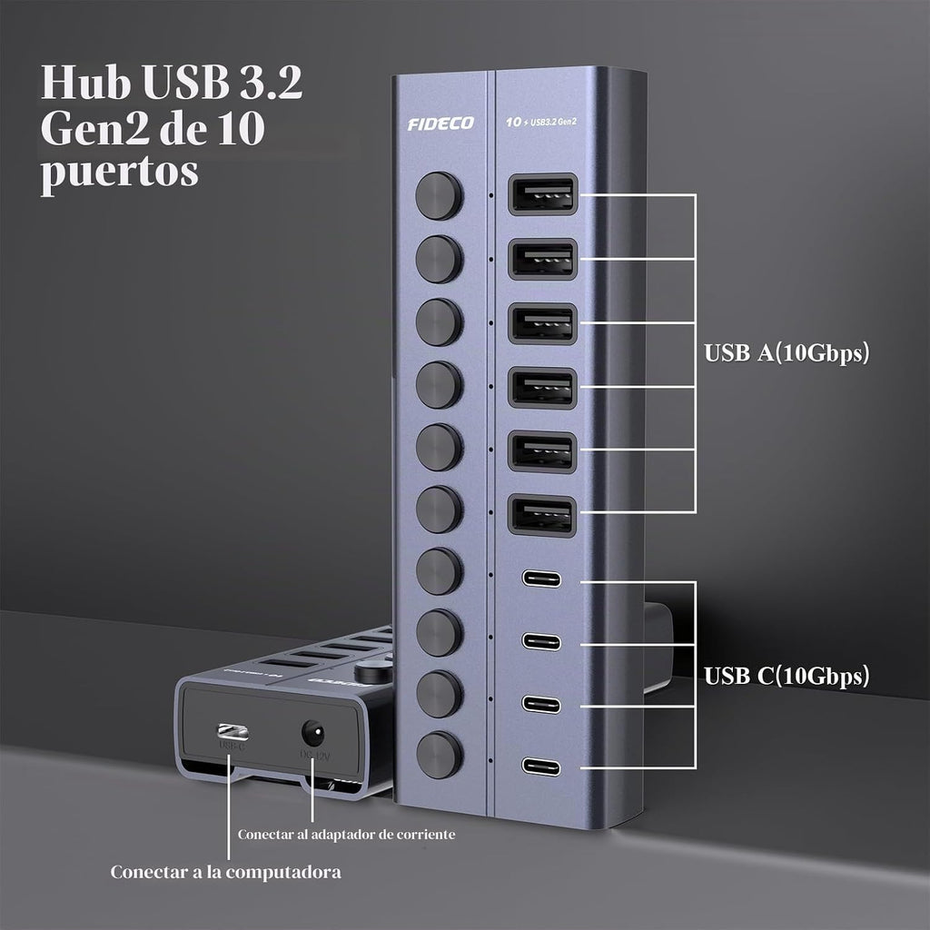 FIDECO, HCA64, hub USB 3.2 de 10 puertos, alimentado