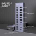 FIDECO, HCA64, hub USB 3.2 de 10 puertos, alimentado