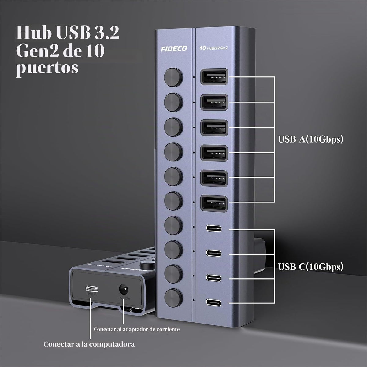 FIDECO, HCA64, hub USB 3.2 de 10 puertos, alimentado