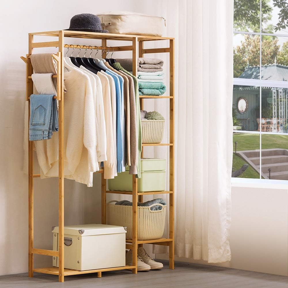 Perchero de bambú para ropa de 6 niveles, estante colgante de ropa con ganchos laterales, estante de ropa resistente, organizador portátil de armario