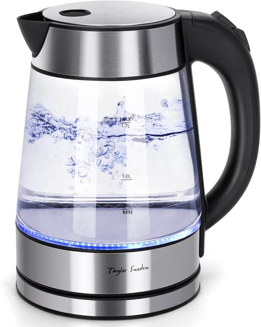 Taylor Swoden - Tetera de vidrio eléctrica para agua caliente para té y café de 1.7 litros, hervidor eléctrico de ebullición rápida, hervidor de agua inalámbrico con apagado automático y protección