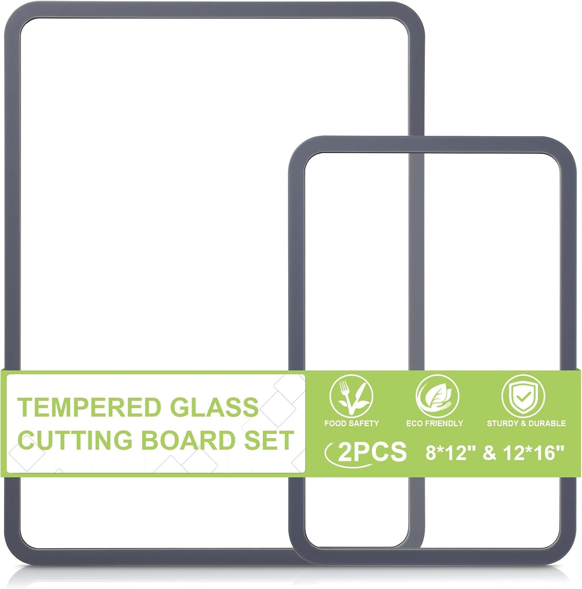 Tabla de cortar de vidrio templado de 8 x 12 pulgadas y 12 x 16 pulgadas, tabla de cortar de vidrio para encimera de cocina, anillo de goma antideslizante, apta para lavavajillas