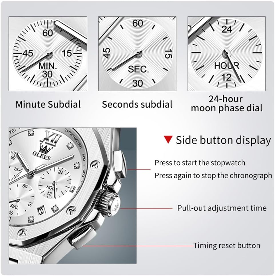 OLEVS Relojes para hombres de lujo octagonales en acero inoxidable de pulsera: reloj analógico de cuarzo de cara grande luminosa