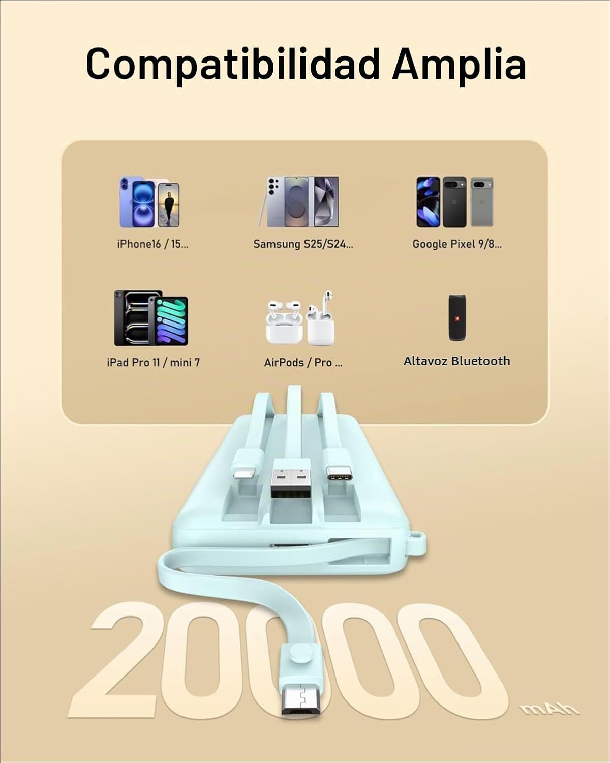 Cargador portátil VEEKTOMX de 20000 mAh con cables USB-C y iPhone i...