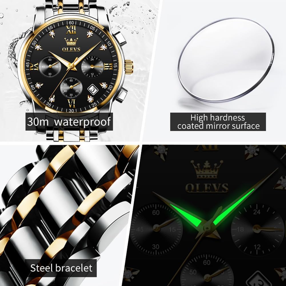 OLEVS Relojes de Oro para Hombres Reloj de Pulsera de Lujo a Prueba de Agua Gran Cara Elegante Acero Inoxidable Analógico Cuarzo Fecha Cronógrafo Luminoso Lectura Fácil Relojes de Negocios Regalos para Hombres Graduación