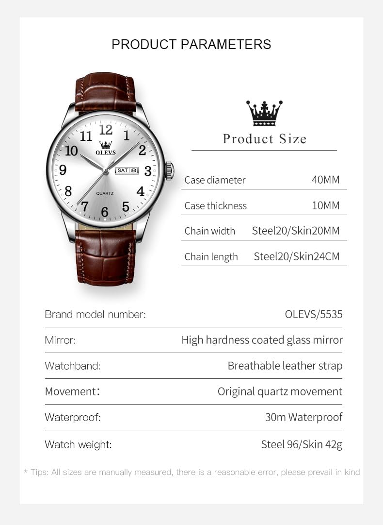 OLEVS Relojes de Cuero para Hombres, Casual, Fácil de leer, Quartz, Números, Resistente al Agua