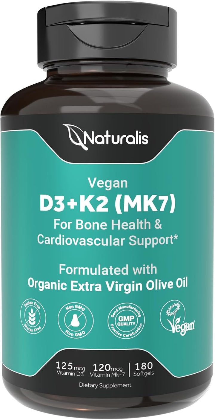 Naturalis Vitamina vegana D3+K2 de algas | 5000 UI D3 con 120 mcg M...